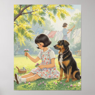 Bygone Days- Girl Mother and Dog Poster
