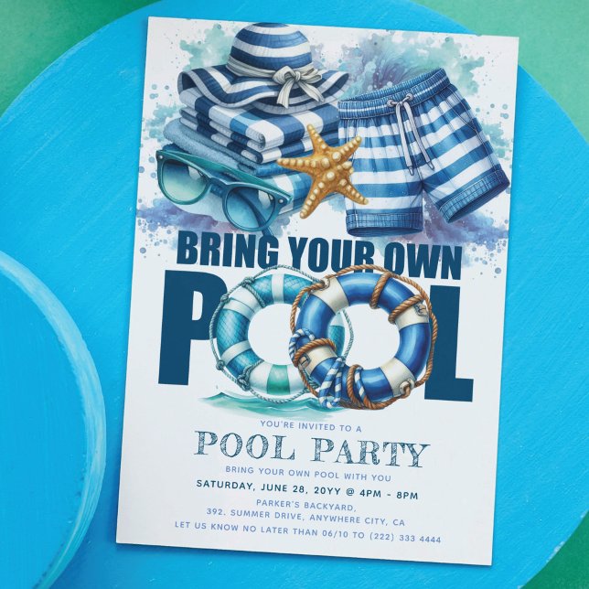 BYO Pool Summer Party Blue Turquoise Watercolor Invitation (Creator Uploaded)
