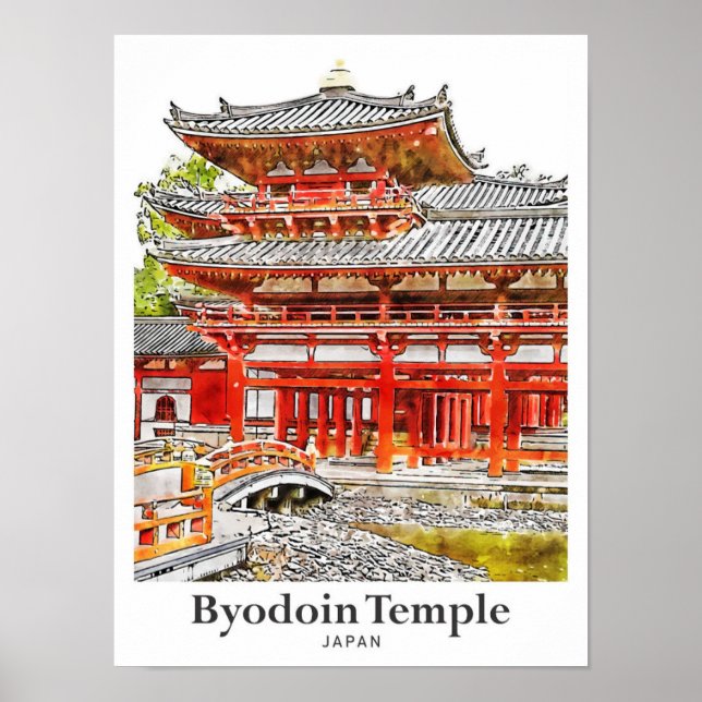Byodoin Temple Japan Travel Watercolor Hand Drawn Poster (Front)