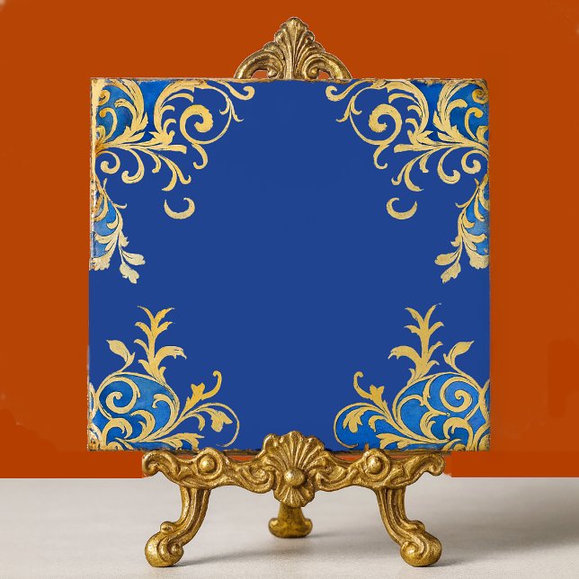 Byzantine Arabesque Blue Gold Filigree Tile (Byzantine Arabesque ornamental ceramic tile displayed in situ on gold metallic easel. )