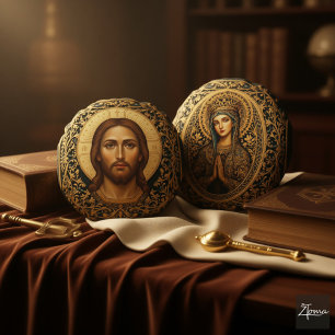 Byzantine Christ Icon - Jesus Round Cushion