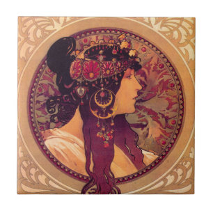 Byzantine Heads: Brunette Alfons Mucha Tile