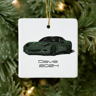 C6 Corvette Sports Car Green Hand Drawn Sketch Ceramic Ornament