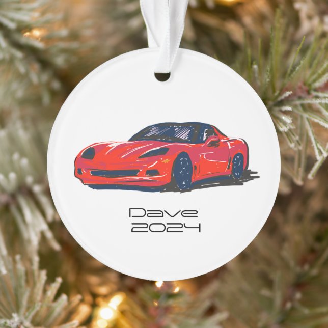C6 Corvette Sports Car Red Hand Drawn Sketch Ornament (Tree)