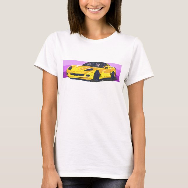 C6 Yellow Corvette Sportscar with Pink Stripe T-Shirt (Front)