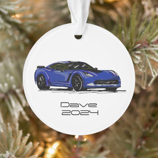 C7 Corvette Sports Car Blue Hand Drawn Sketch Ornament (Tree)