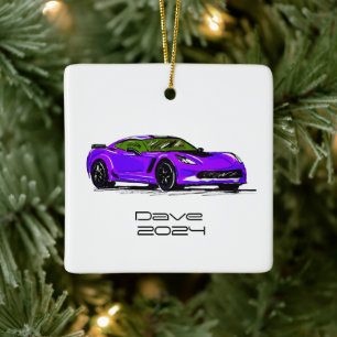 C7 Corvette Sports Car Purple Hand Drawn Sketch Ceramic Ornament