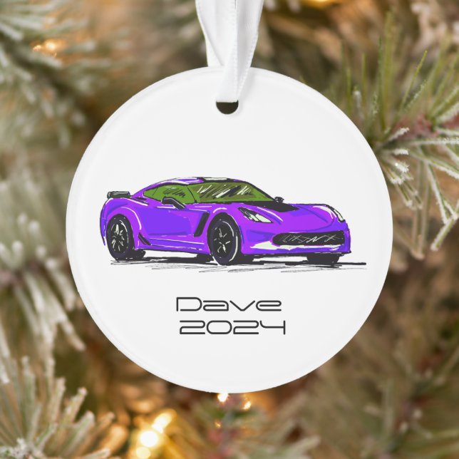 C7 Corvette Sports Car Purple Hand Drawn Sketch Ornament (Tree)