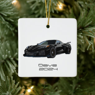 C8 Corvette Sports Car Black Hand Drawn Sketch Ceramic Ornament