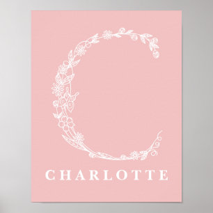 C Botanical Floral Monogram Custom Nursery Poster