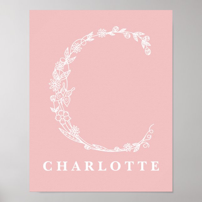 C Botanical Floral Monogram Custom Nursery Poster (Front)