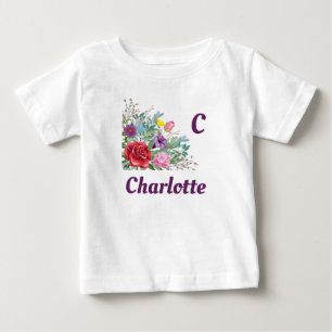 C Charlotte Personalize Letter Name, Rose Flowers Baby T-Shirt