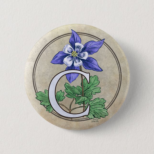 C for Columbine Flower Monogram Round Button (Front)