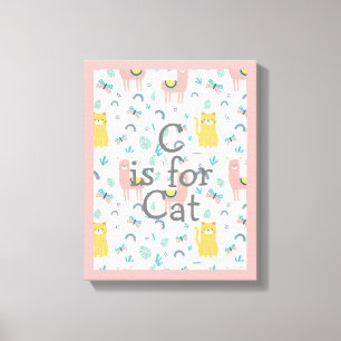 C is For Cat Boho Cute Alapaca Pink Nursery Canvas Print