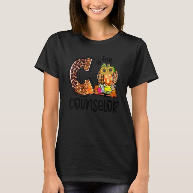 C Is For Counselor Leopard Pumpkin Fall Thanksgivi T-Shirt (Front)