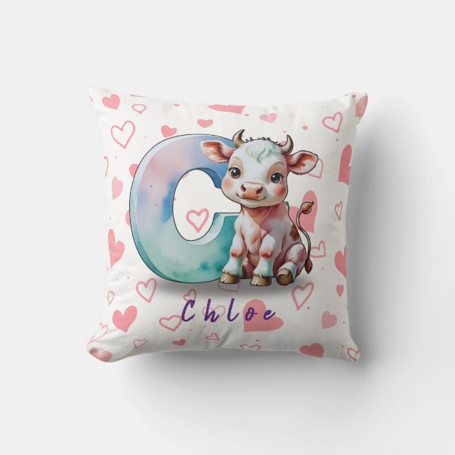 C is for Cow – Personalised Baby Pillow with Heart (Front)