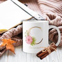 C Letter Gold Monogram | Pink Floral Greenery