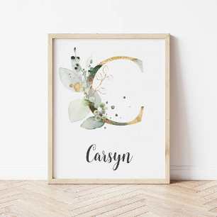 C Letter Monogram Greenery Nursery Name Wall Print