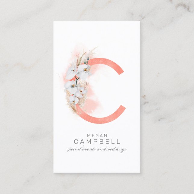 C Letter Monogram White Orchids and Pampas Grass Business Card (Front)