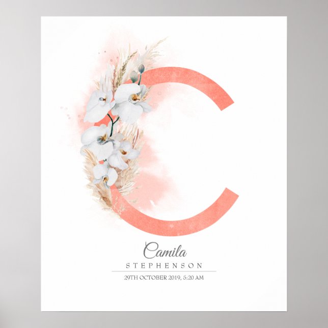 C Letter Monogram White Orchids and Pampas Grass Poster (Front)