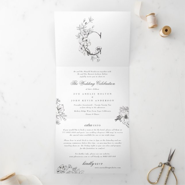 'C' Monogram Beautiful Sketched Floral Wedding Tri-Fold Invitation (Inside)
