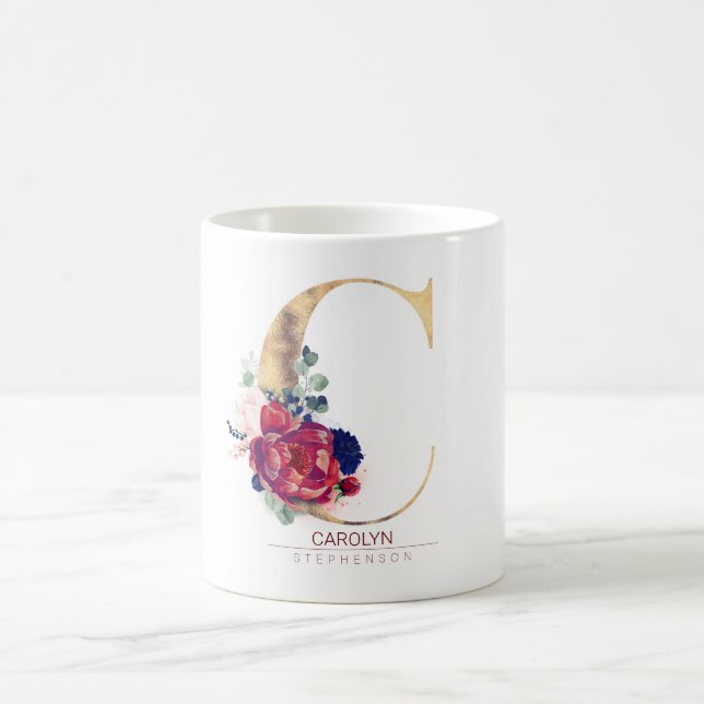 C Monogram Floral Burgundy Red and Navy Blue Coffee Mug (Center)