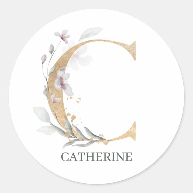 C Monogram Floral Personalised Classic Round Sticker (Front)