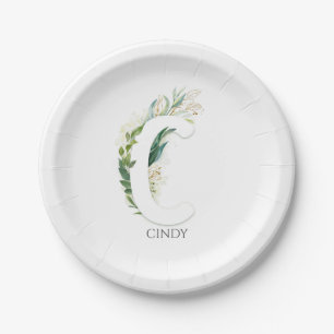 C Monogram Gold Greenery Leaves Elegant Name Paper Plate