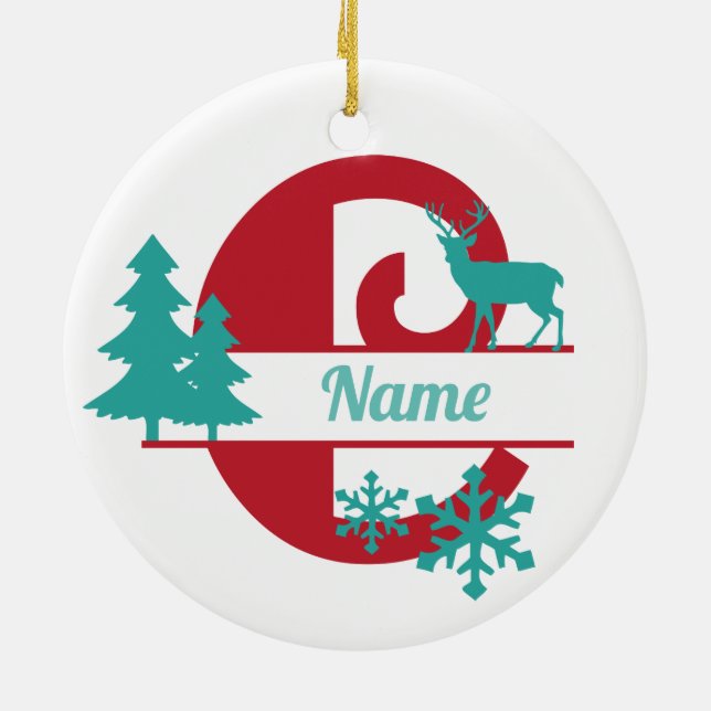 C Monogram Initial Christmas Holiday Tree Ornament (Back)