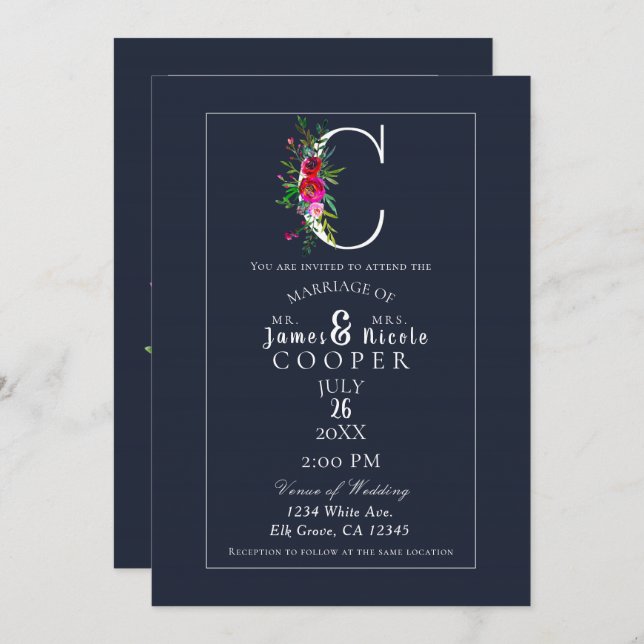 C Monogram Last Initial Modern Blue Floral Wedding Invitation (Front/Back)