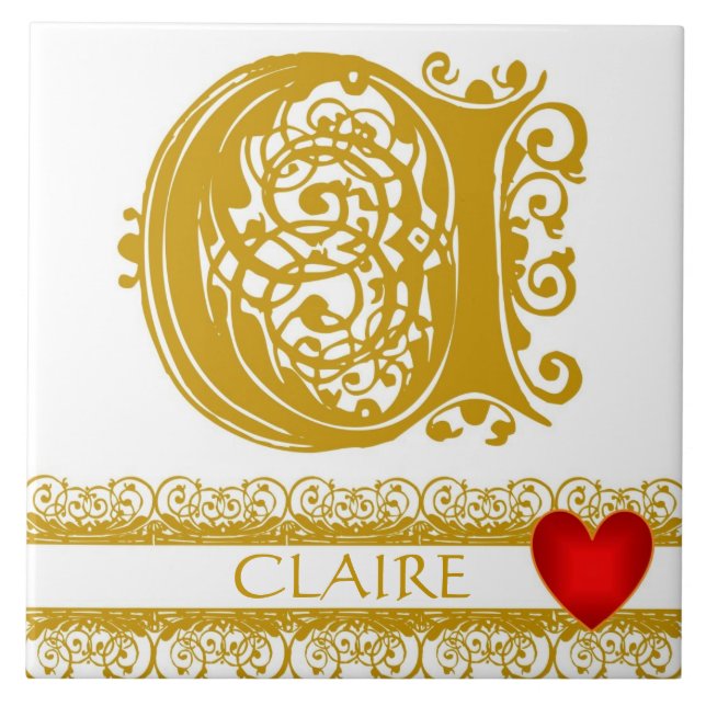 C Monogram Name Gold Lace Red Heart Template Tile (Front)