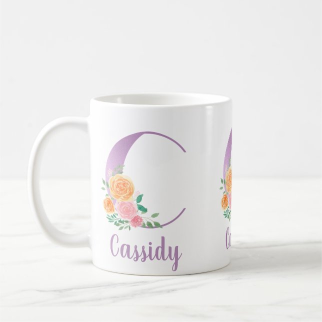 C Monogram Purple Floral Watercolor Personalised Coffee Mug (Left)