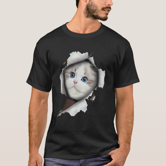 Ca  White Cat  Cat Torn Cloth T-Shirt (Front)