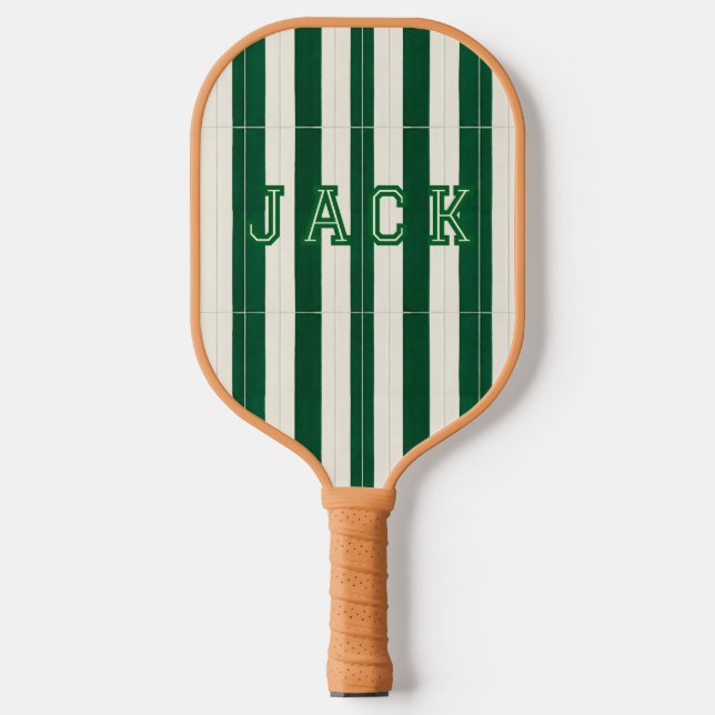 Cabana Green Stripe Monogram Preppy Pickleball Pad Paddle (Front)