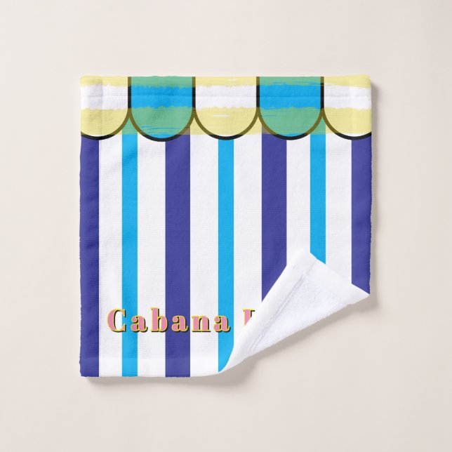 Cabana Scalloped Blue White Yellow Stripes Bath Towel Set (Wash Cloth)