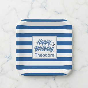 Cabana Stripe Anchor Birthday  Paper Plate