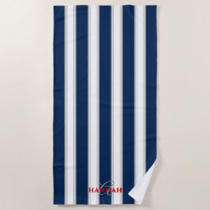 Cabana Stripe Monogram in Navy Blue Beach Towel