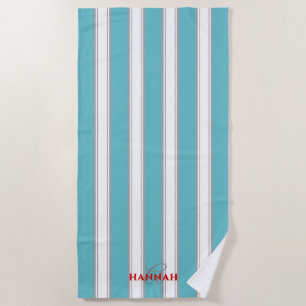 Cabana Stripe Monogram in Turquoise Blue Beach Towel