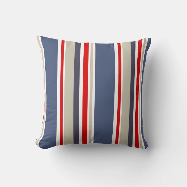 Cabana Striped Red White Blue Grey Beige Cushion (Front)