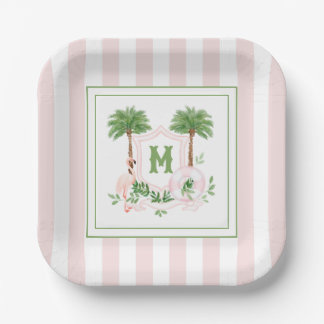 Cabana Stripes Palm Beach Monogram Crest Enclosure Paper Plate