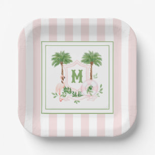 Cabana Stripes Palm Beach Monogram Crest Enclosure Paper Plate