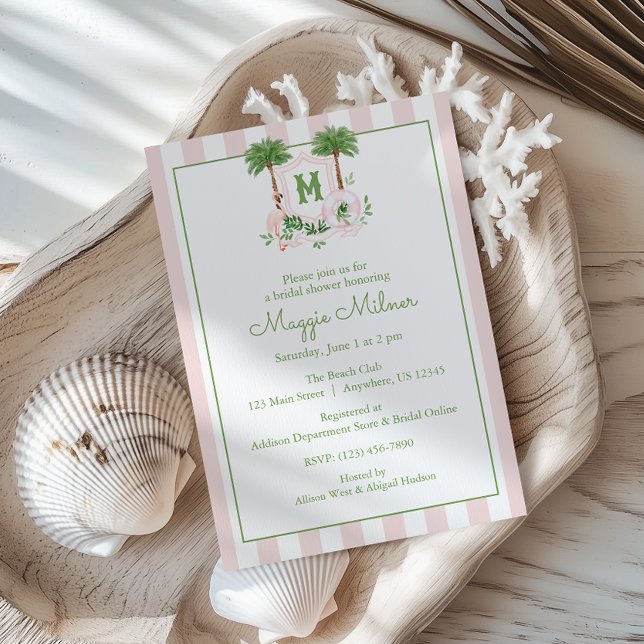 Cabana Stripes Palm Beach Monogram Crest Invitation (Creator Uploaded)