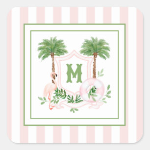 Cabana Stripes Palm Beach Monogram Crest Square Sticker