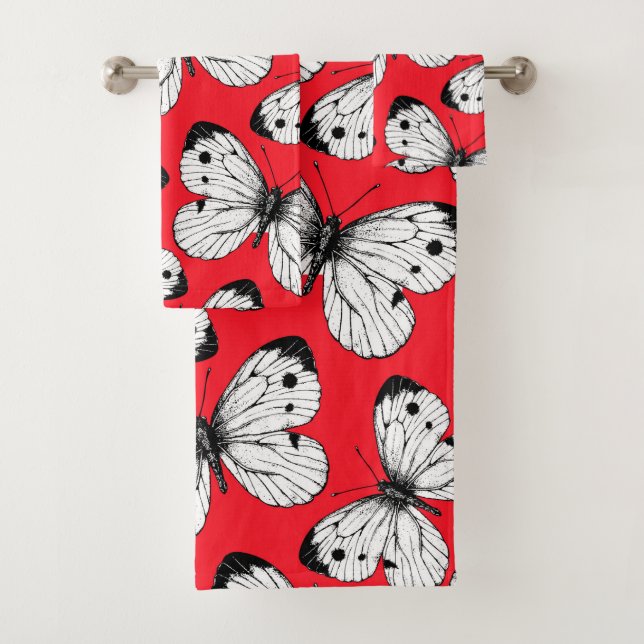 Cabbage butterfly pattern on red bath towel set (Insitu)