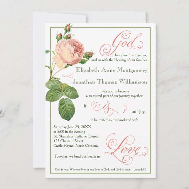 Cabbage Rose God is Love Wedding Invitation (Front)