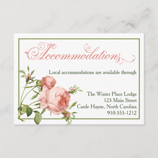 Cabbage Rose Script Wedding Accommodations Card (Front)