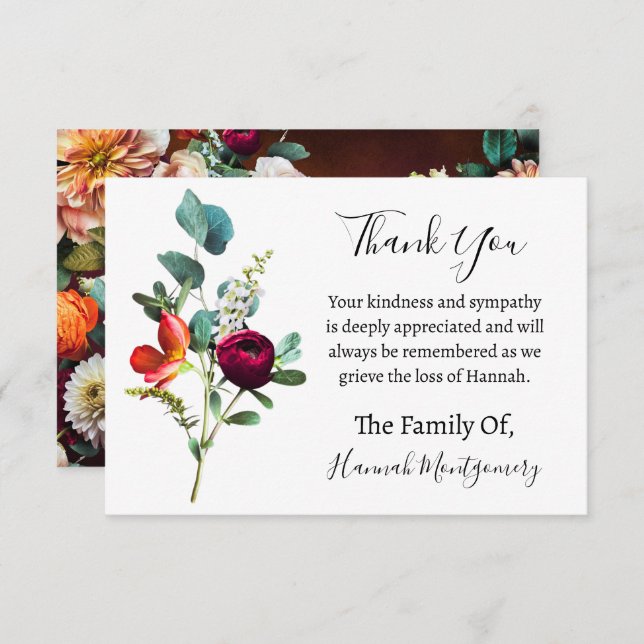 Cabernet Florals Funeral Sympathy Thank You Card (Front/Back)