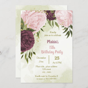 cabernet pink flowers green leaves birthday invitation