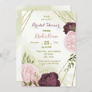 cabernet pink flowers green leaves bridal shower invitation