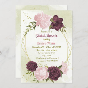 cabernet pink flowers green leaves bridal shower invitation